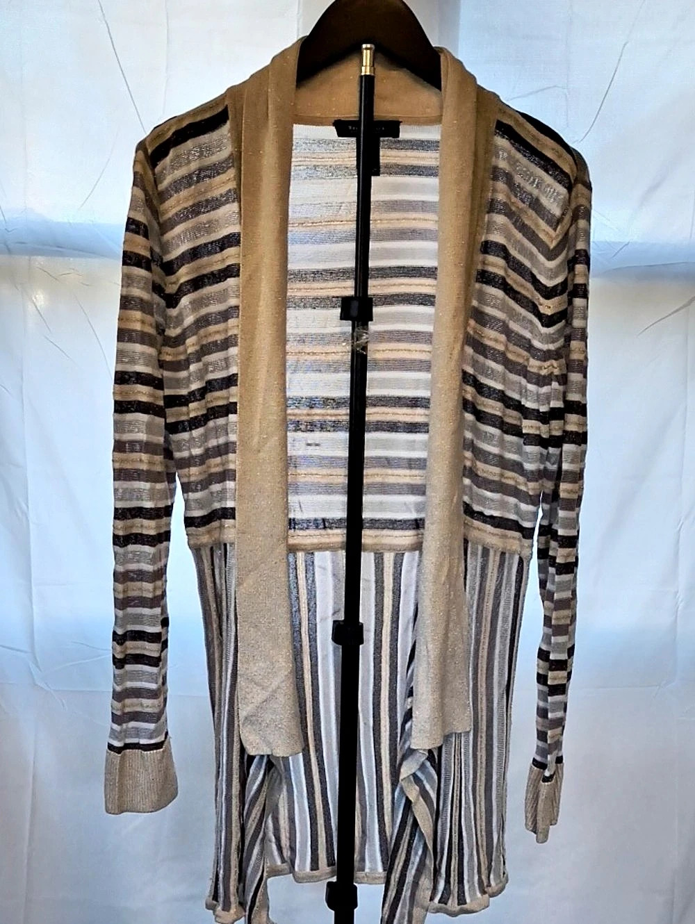 White House Black Market Striped Fringe Cardigan in Gray & Brown